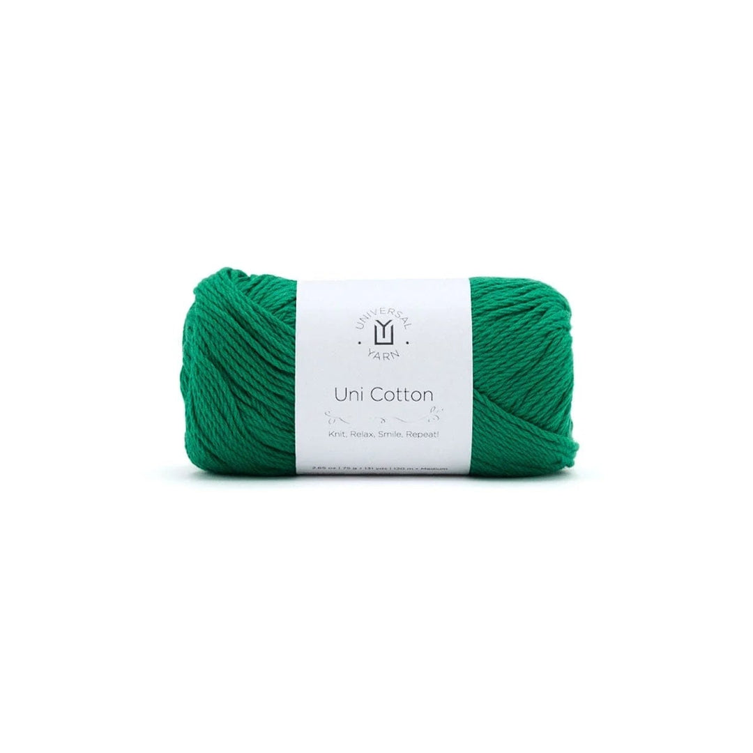 Green skein of yarn with a label on a white background
