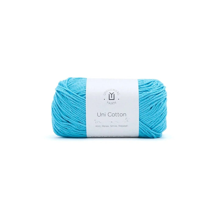 Blue skein of yarn with a label on a white background
